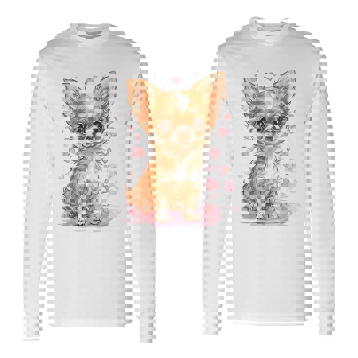 ハートに囲まれた愛らしいチワワ 長袖Tシャツ