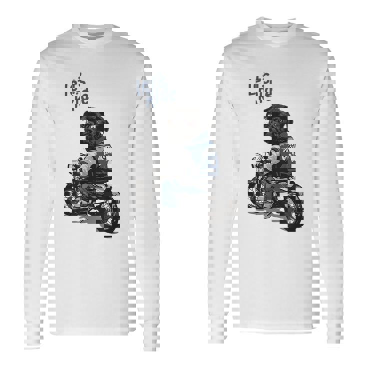 バイクに乗る面白いパグ犬レッツライド 長袖Tシャツ