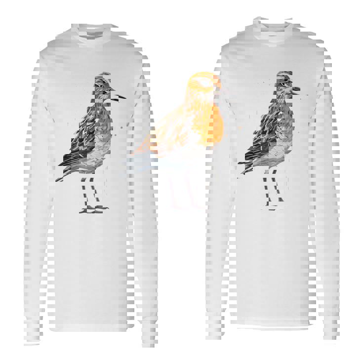 バフブレストのサンドパイパー幾何学模様のパッテンアート、かわいい鳥好き。 長袖Tシャツ