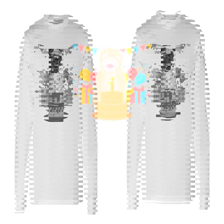 パグ 1歳 誕生日 お祝い ケーキ ペット 動物 犬 オーナー パグ 長袖Tシャツ