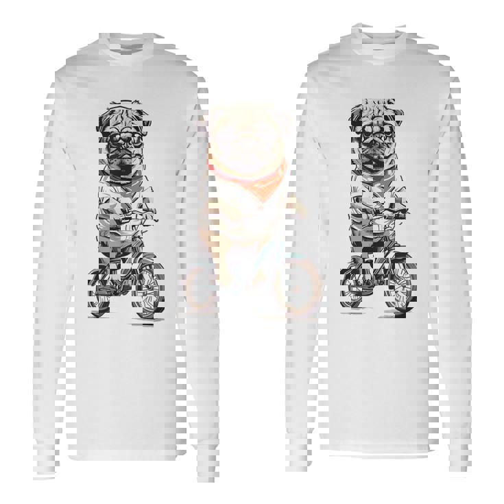 パグ いぬ イラスト パグ好き 犬好き 自転車 かわいい おもしろ レトロ かっこいい 長袖Tシャツ