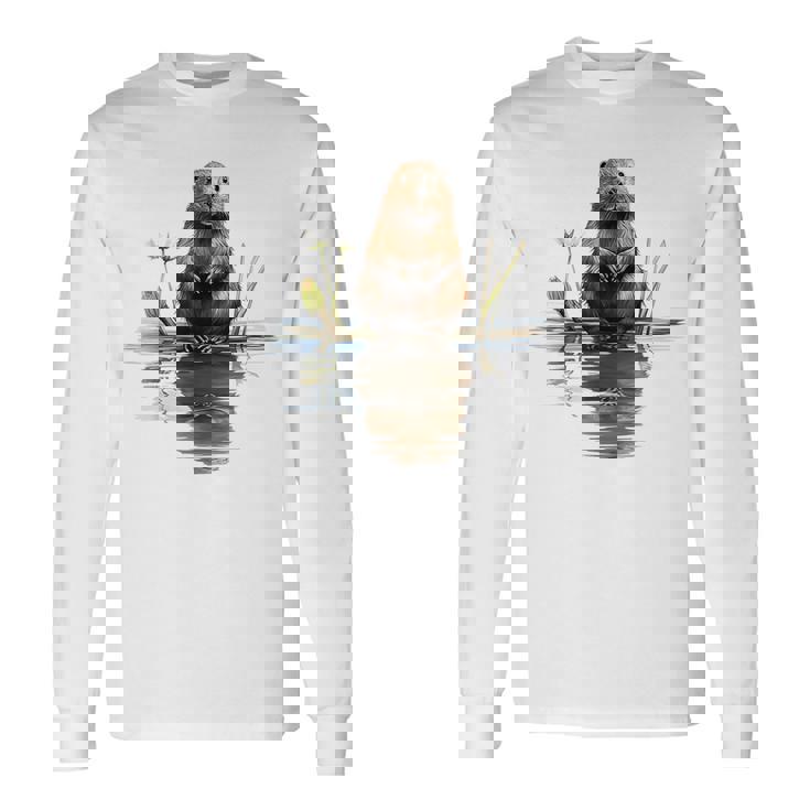 ビーバー 恋人 動物 アート イラスト グラフィック ビーバー 長袖Tシャツ