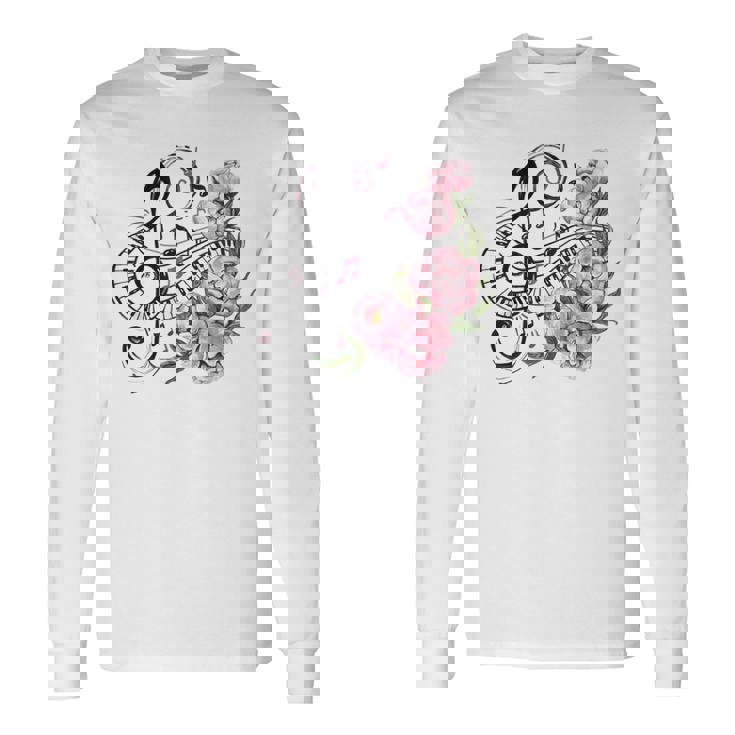 ピアノの鍵盤、音符、花 長袖Tシャツ
