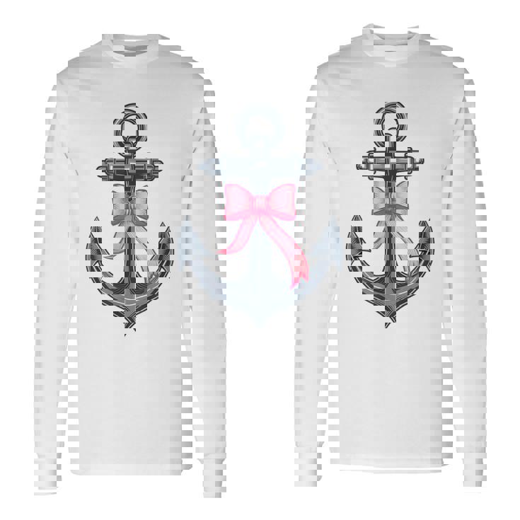 ピンクリボンボウコケット付きマリンアンカー。 長袖Tシャツ ギフトのアイデア