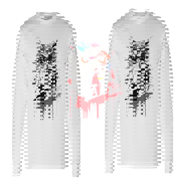 フクロウ アート 絵画 抽象 動物 描画 グラフィック フクロウ 長袖Tシャツ