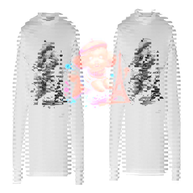 フランス パリ エッフェル塔 ファッション トイ プードル パリ 子犬 長袖Tシャツ