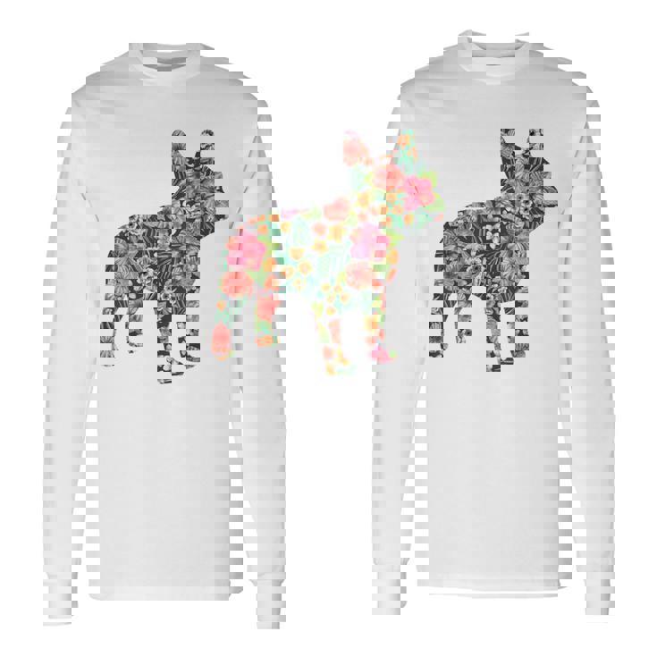 フレンチ ブルドッグ フラワー フローラル フレンチ ドッグ シルエット 犬 ペット 長袖Tシャツ