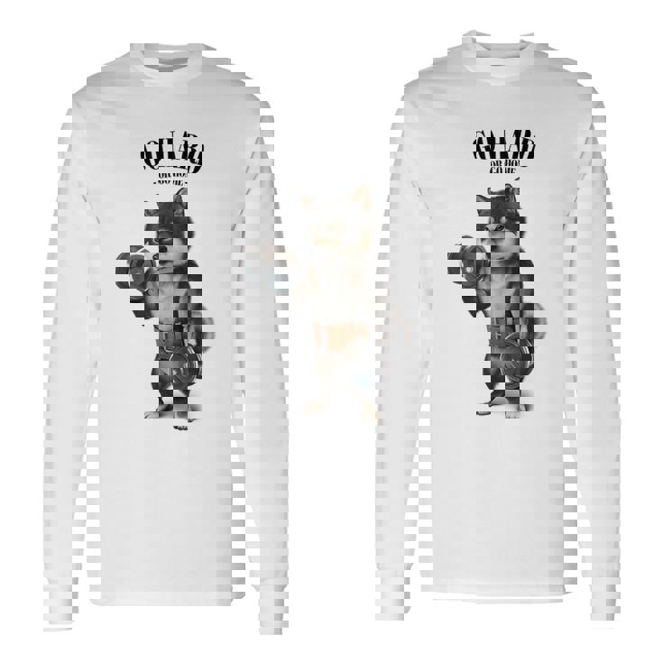 ブラック柴犬 筋トレ ダンベル付き フィットネスジム 長袖Tシャツ