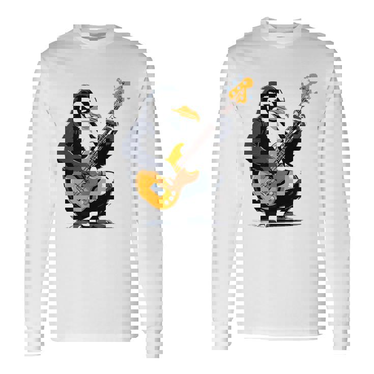 ベースギターを弾くペンギン ペンギン 長袖Tシャツ