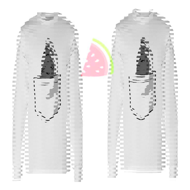 ポケットに入ったスイカのポケットプリントの面白いスイカ。 長袖Tシャツ
