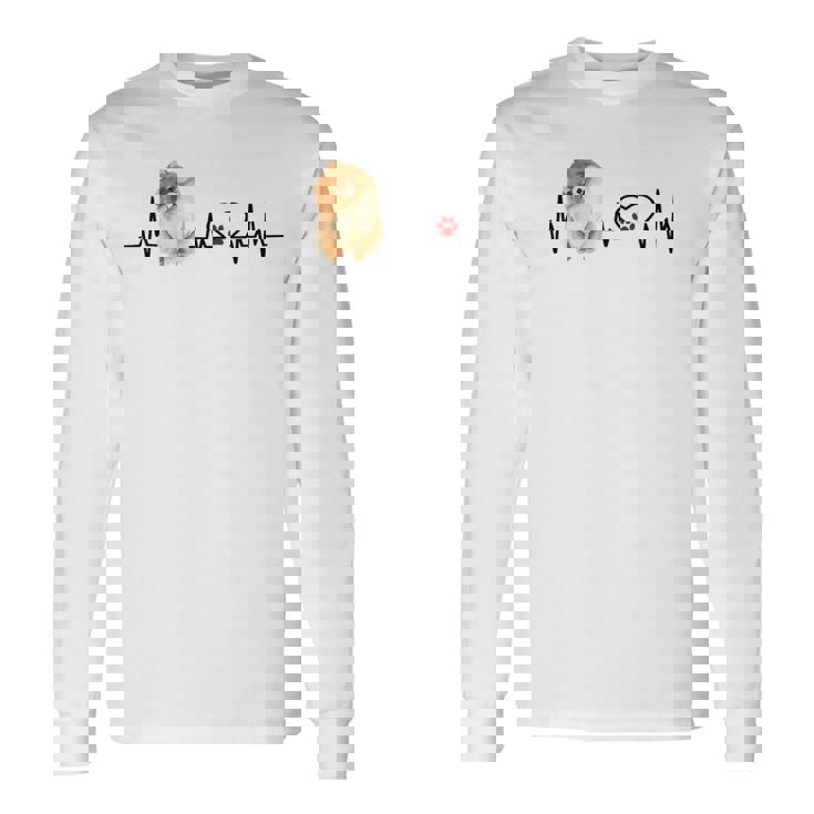 ポメラニアン Ekg ハートビートハートライン 肉球プリント 長袖Tシャツ