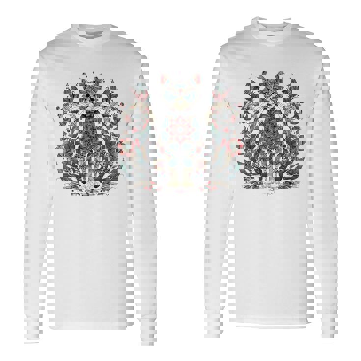 マンダラデザインのかわいい猫の曼荼羅。 長袖tシャツ 長袖Tシャツ