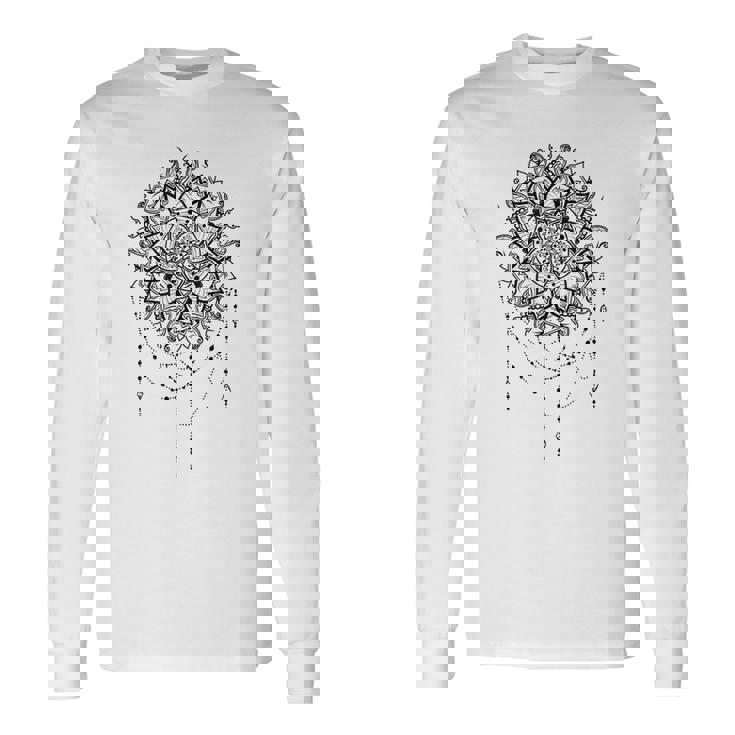 マンダラフラワー神聖幾何学フラクタルアート良い雰囲気 長袖Tシャツ