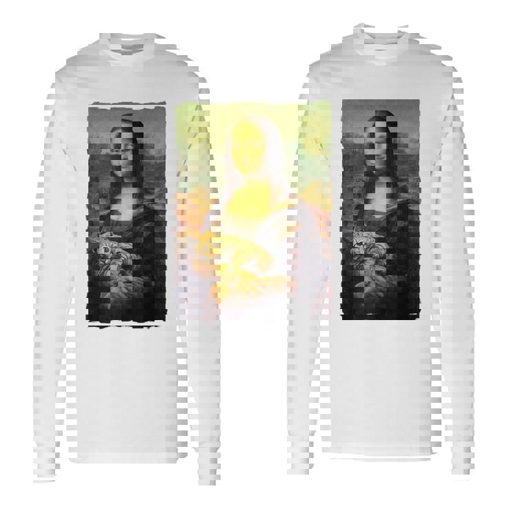 モナ・リザとオレンジ色の猫 面白いアートの絵 長袖Tシャツ