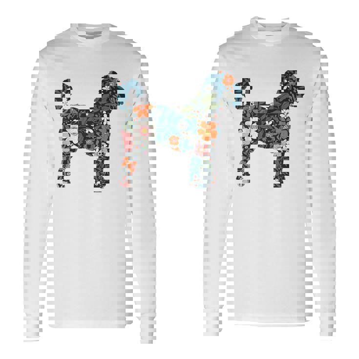 ラブラドゥードルやゴールデンドゥードルのママのためのフローラルドッグシルエット 長袖Tシャツ