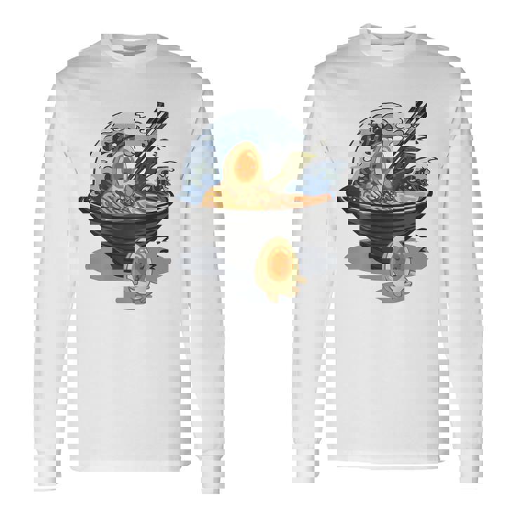 ラーメン 海 波 寝ぼける たまご 長袖Tシャツ