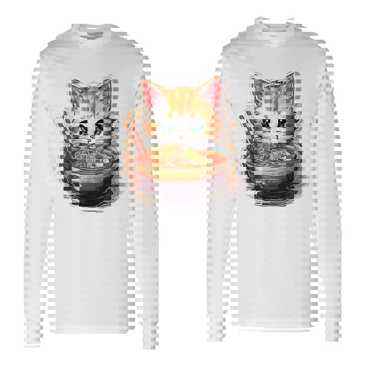 ラーメンを食べている子猫 長袖Tシャツ
