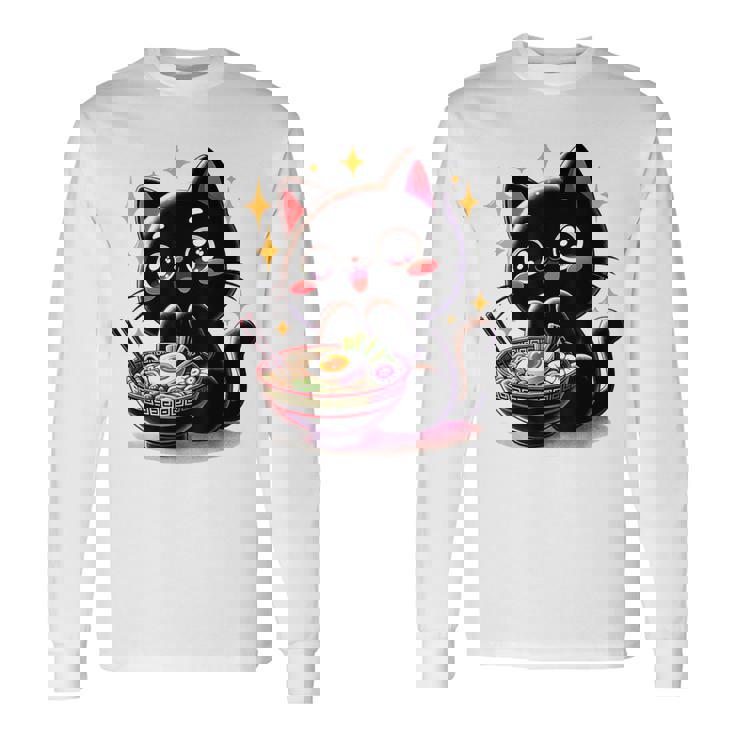 ラーメン猫かわいいアニメ猫ラーメン愛好家甘い 長袖Tシャツ