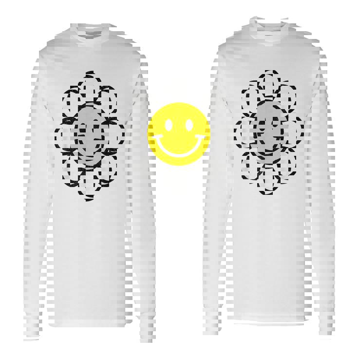 レトロ ヴィンテージ イエロー ハッピー スマイル スマイル フェイス デイジーフラワー 長袖Tシャツ