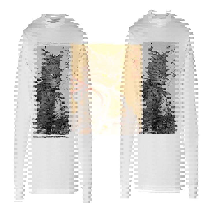 ヴィンテージ 日本の風景 侍 猫 漢字 Art Back 長袖Tシャツ