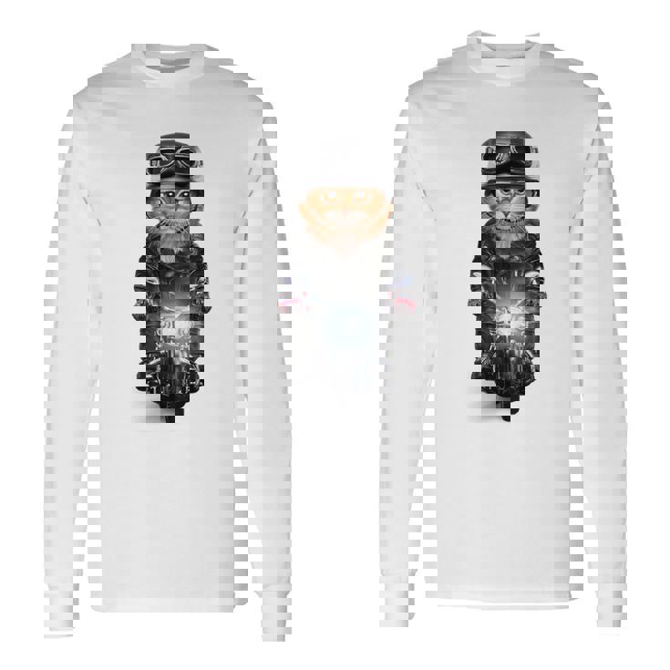 三毛猫 オレンジ猫 ねこ バイク ヘルメット 長袖Tシャツ