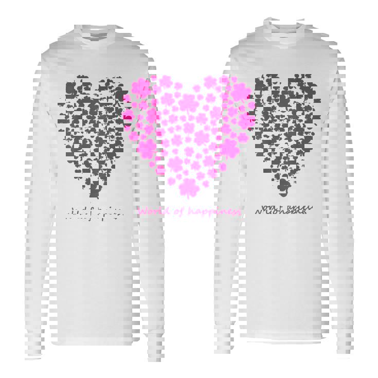 世界中の幸せを願う 可愛い ハート ピンク クローバー 反戦 平和 バックプリント 長袖Tシャツ