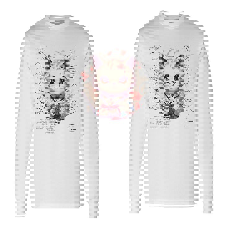 バックプリント 侍 猫戦士 日本人 忍者 キティ カワイイ 長袖Tシャツ
