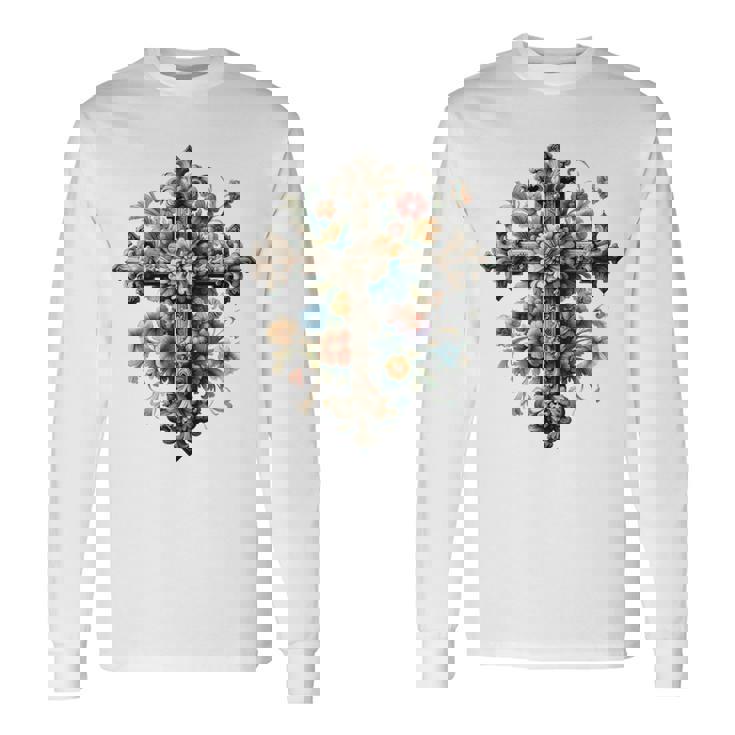 十字架 スピリチュアル キリスト 花 イエス 信仰 十字架 十字架 長袖tシャツ 長袖Tシャツ