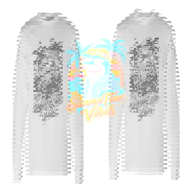 夏休み サメ ビーチ トロピカル サンセット ヤシの木 長袖tシャツ 長袖Tシャツ