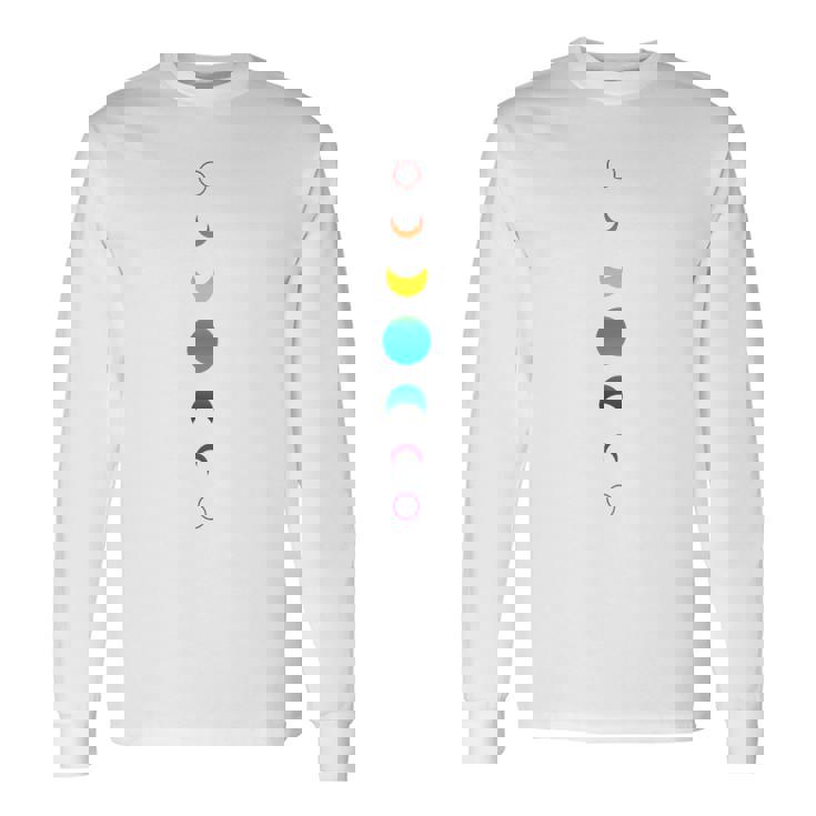 天空の月の満ち欠け バックプリント 虹の月天文学 長袖Tシャツ ギフトのアイデア