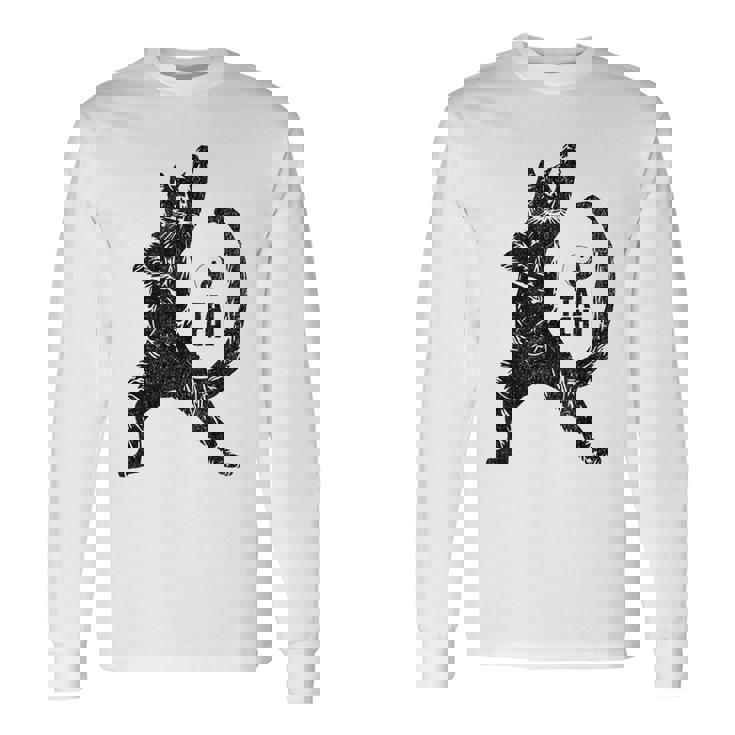 太極拳の練習をしている陽気な猫 陰陽 長袖Tシャツ