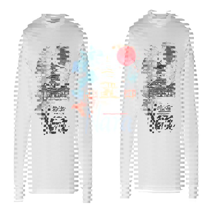 奈良 日本 市街地 旅行 お土産 和 水彩 行楽 長袖Tシャツ