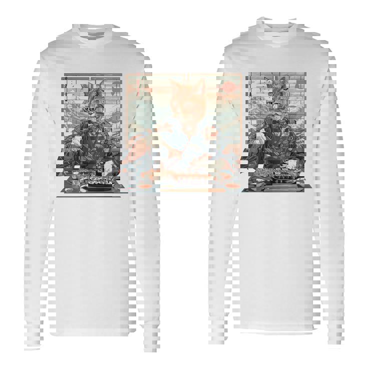 寿司好き ヴィンテージ 子猫 伝統 日本の芸術 猫 長袖tシャツ 長袖Tシャツ