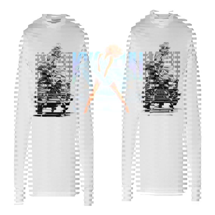 強風ピンナップガールとオールドアメ車のバックプリント 長袖Tシャツ