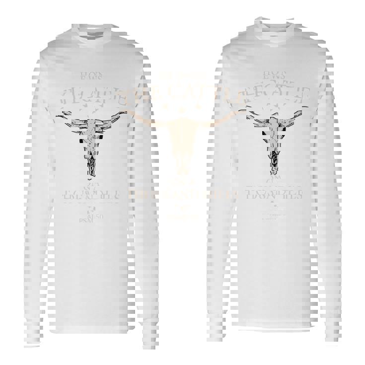 彼はザ・キャトル・オン・ア・サウザンド・ヒルズのクリスチャン・カウ・フェイス 長袖tシャツ 長袖Tシャツ