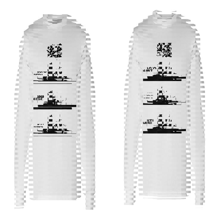 戦艦【長門 金剛 陸奥】軍艦 シルエット 日本 大日本帝国 海軍 帝国海軍 船 面白い ネタ 文字入り ウケ狙い 長袖Tシャツ