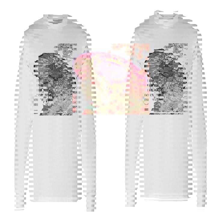 振り返る娘 見返り美人 日本美人 花街 浮世絵 桜 花 奇麗 赤 バックプリント 長袖Tシャツ