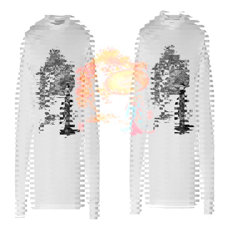 日本 浮世絵 京都 嵯峨 紅葉 和傘 美人 着物 長袖Tシャツ