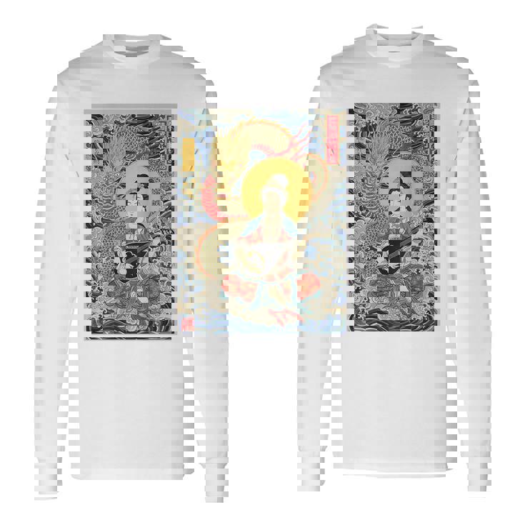 日本 浮世絵 滋賀 琵琶湖 竹生島 弁財天 竜 龍神 バックプリント 長袖Tシャツ