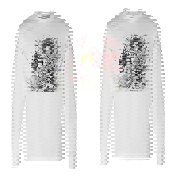 日本 浮世絵 観音菩薩 竜 桜 波 バックプリント 長袖Tシャツ