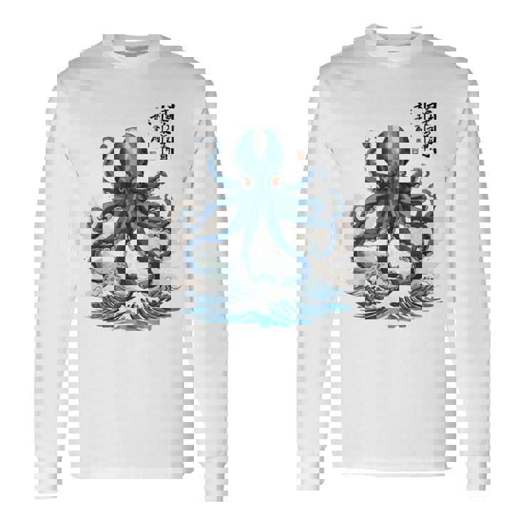 日本のタコ浮世絵 海の美 木版画 長袖Tシャツ