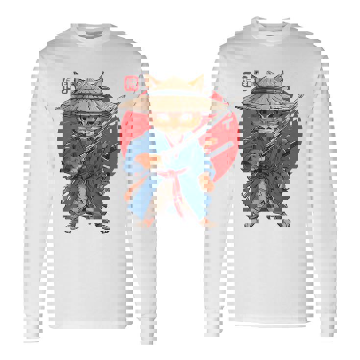 日本の侍 猫戦士 浮世侍 バックプリント 長袖Tシャツ