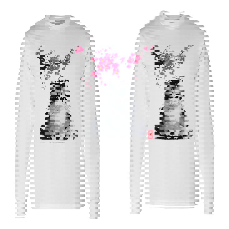 日本の墨絵マンチキン猫 桜 桜アート 長袖Tシャツ