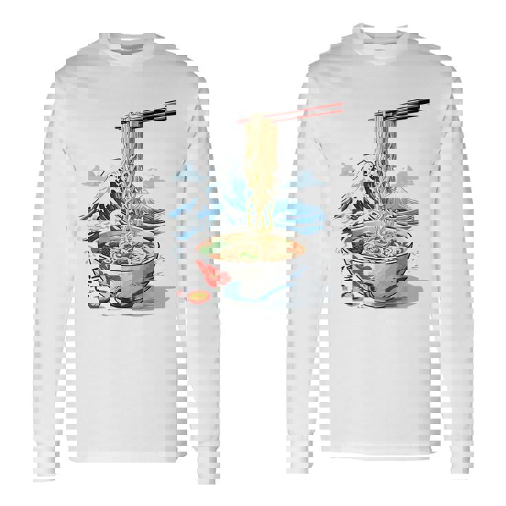 日本の麺スープ ラーメン 浮世絵 日本波 ヴィンテージ 長袖Tシャツ