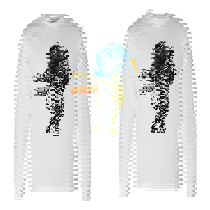 決めポーズの猫イラスト Pawの文字が光るダンス風デザイン 長袖Tシャツ