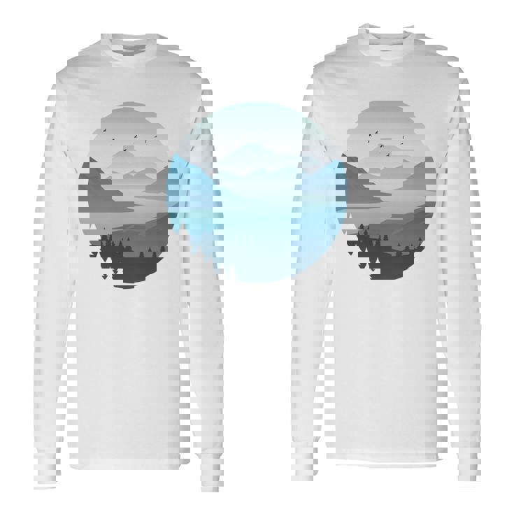 湖 森 風景 山 シルエット 長袖tシャツ 長袖Tシャツ