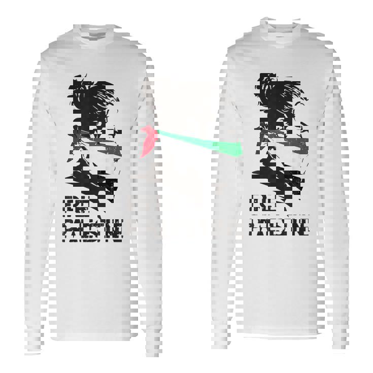 無料パレスチナ国旗 ガザの終わり占領 パレスチナ語 長袖Tシャツ