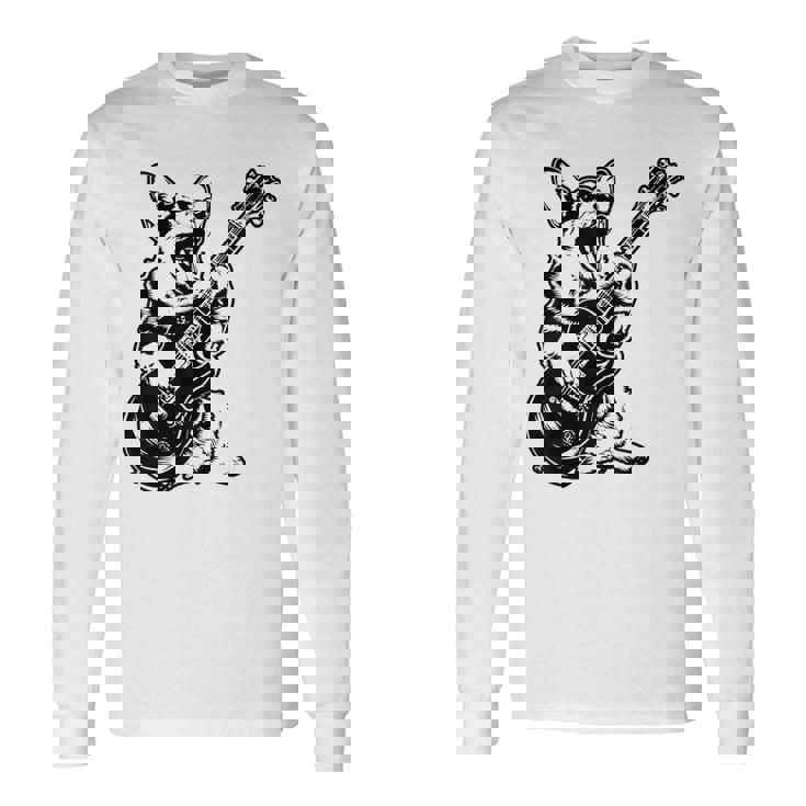 犬 ギタリスト ギター ペンブローク ウェールズ コーギー パパ ママ 長袖Tシャツ