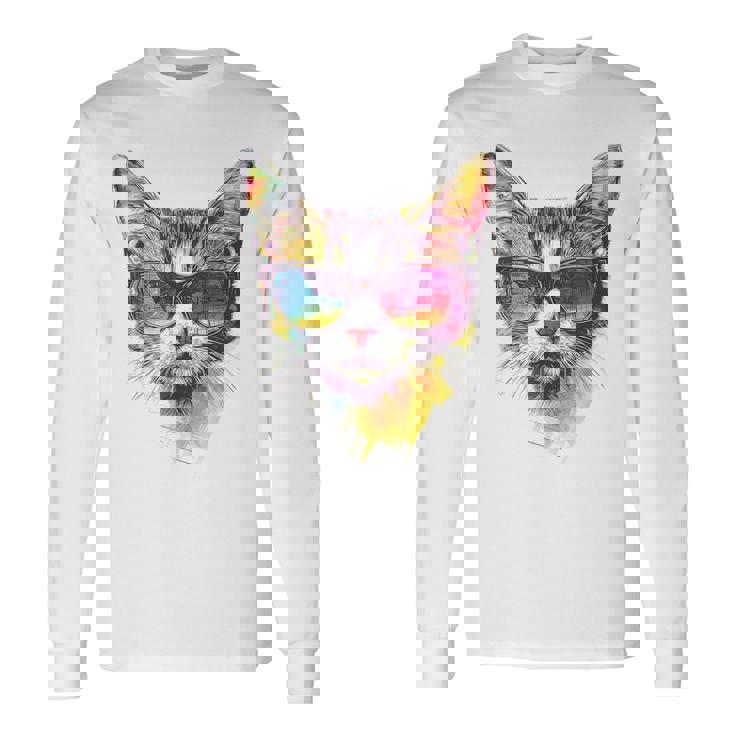 猫 動物 抽象 モチーフ サングラス イラスト アート ネコ 長袖Tシャツ