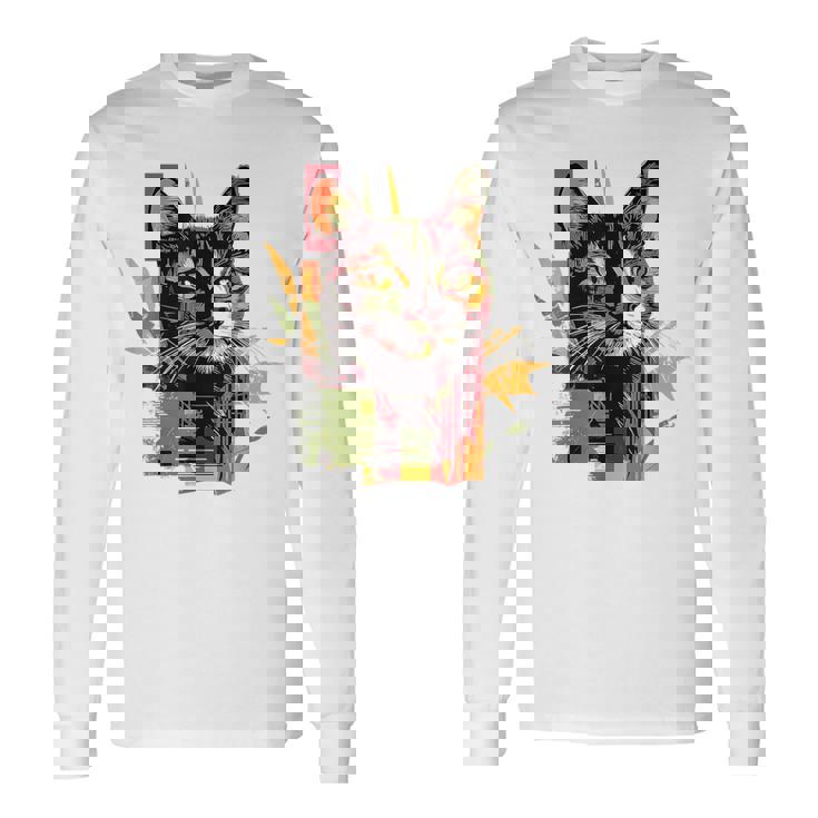 猫 抽象的 かわいい アート ポートレート 動物 恋人 グラフィック 猫 長袖Tシャツ